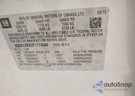 2015 Chevrolet Equinox Ls from USA, damaged, VIN 2GNALAEK2F1174944